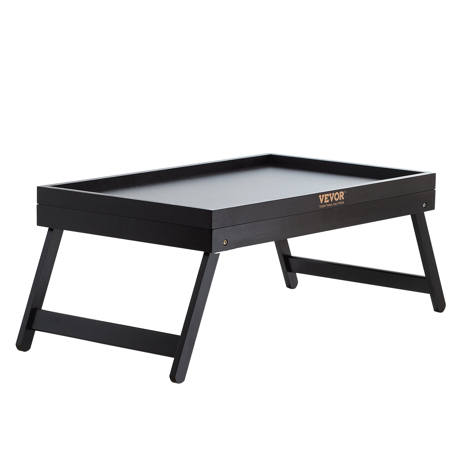 Mesa de cama VEVOR negra con patas plegables y superficie rectangular.