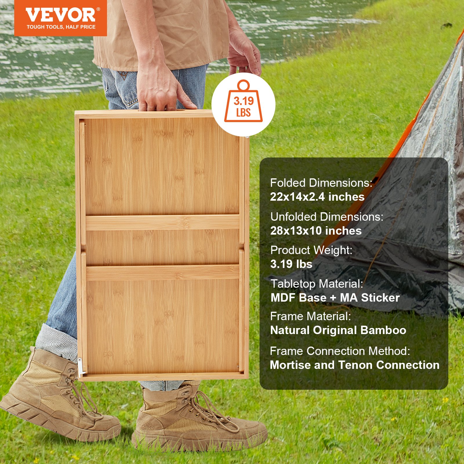 Mesa bandeja de cama VEVOR transportada al aire libre, mostrando detalles de peso y dimensiones.