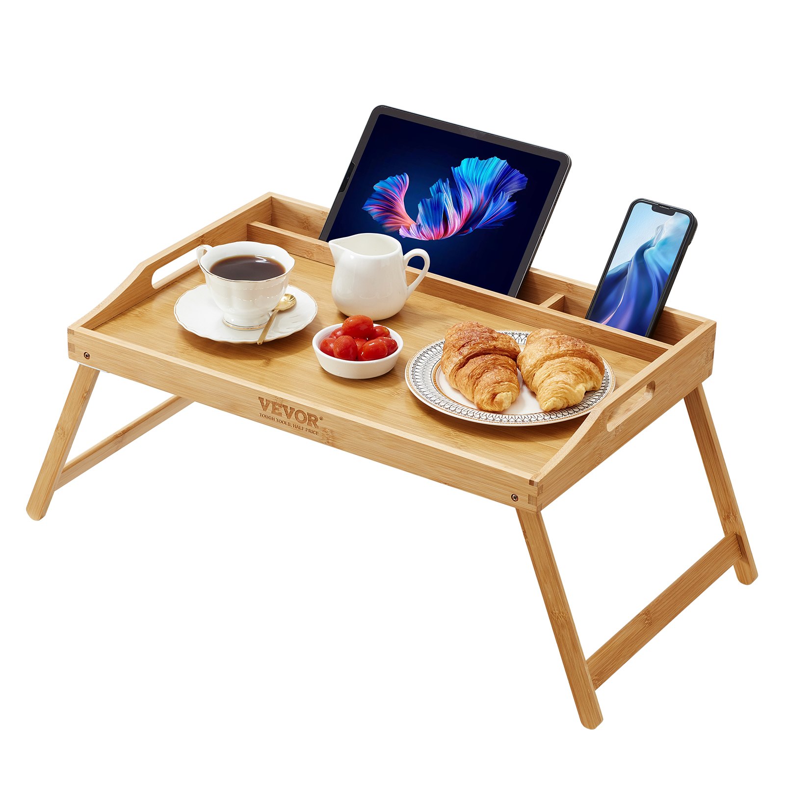 Mesa de cama VEVOR con bandeja para desayuno, tableta y teléfono inteligente, con café, croissants y tomates.