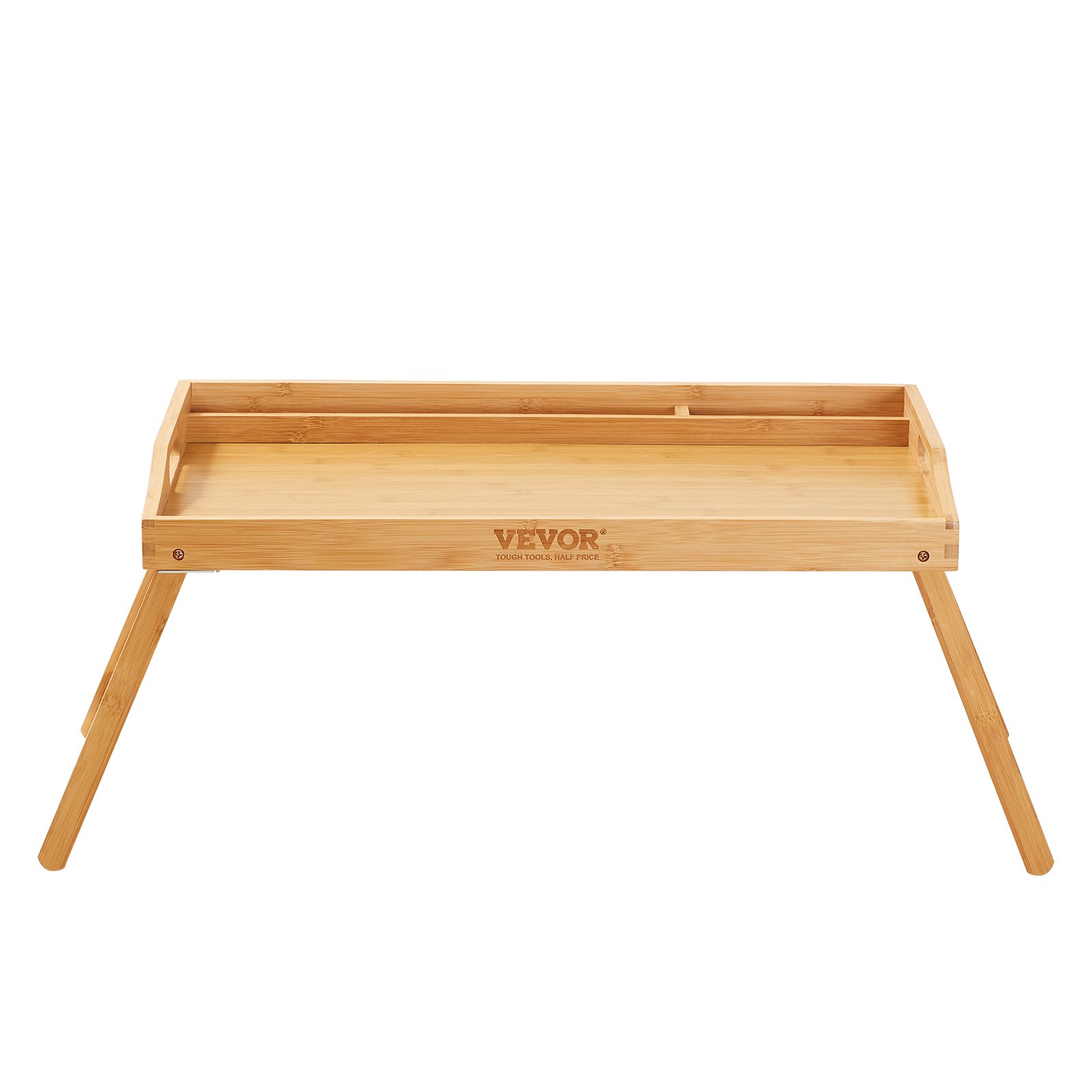 Mesa de cama VEVOR con patas de bambú plegables y bordes elevados para mayor estabilidad y comodidad.