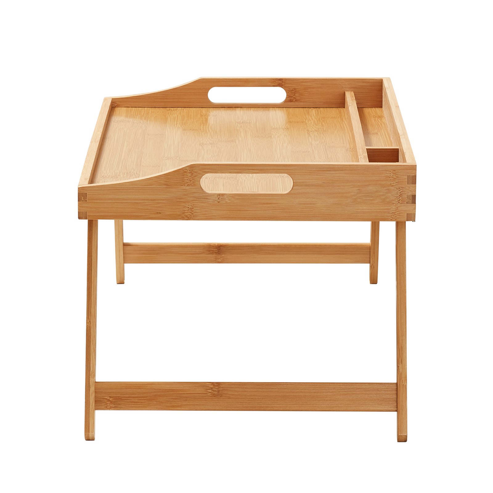 Mesa de cama VEVOR de bambú con patas plegables, asas laterales y múltiples secciones de almacenamiento.