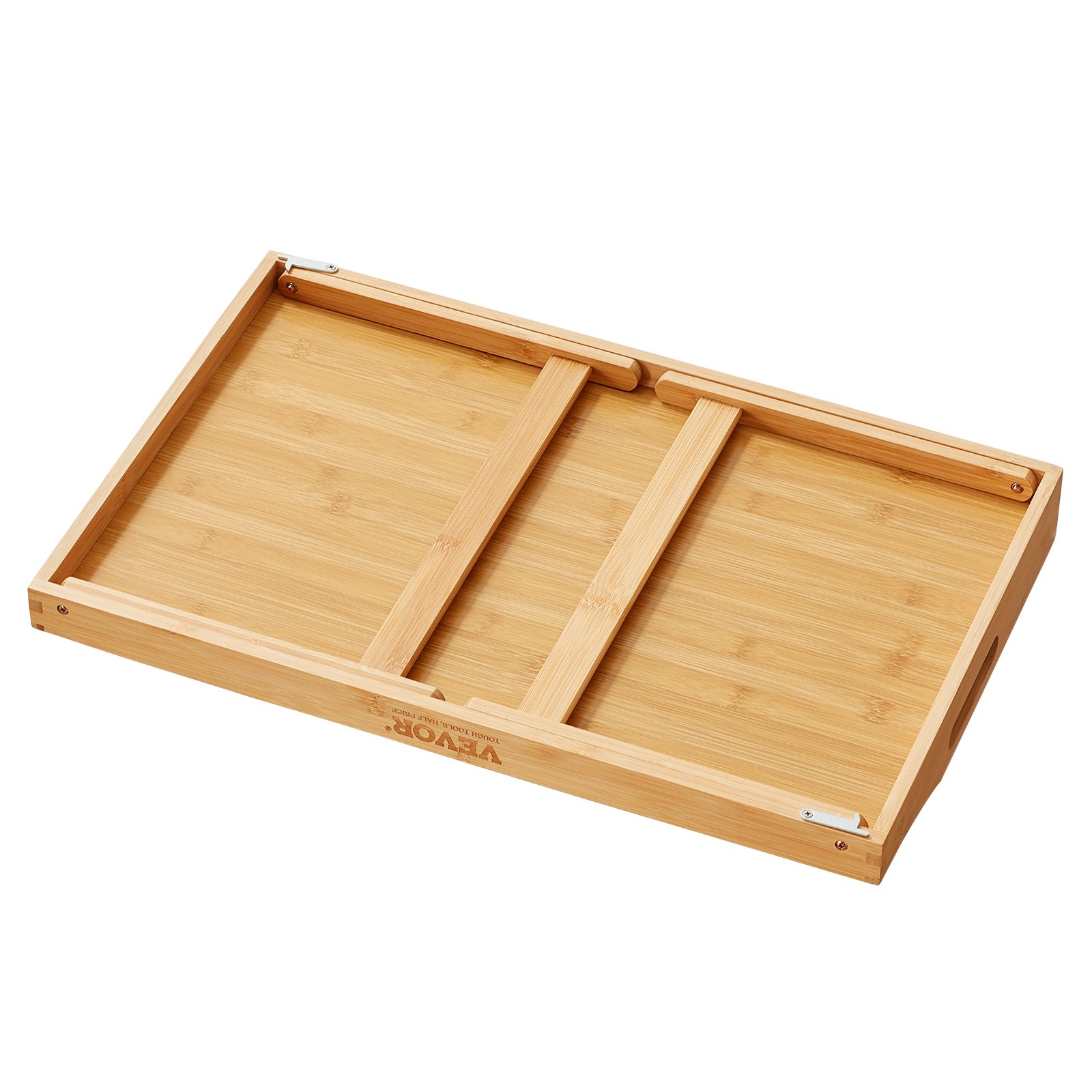 Mesa de cama VEVOR fabricada en bambú con patas regulables plegadas sobre fondo blanco.