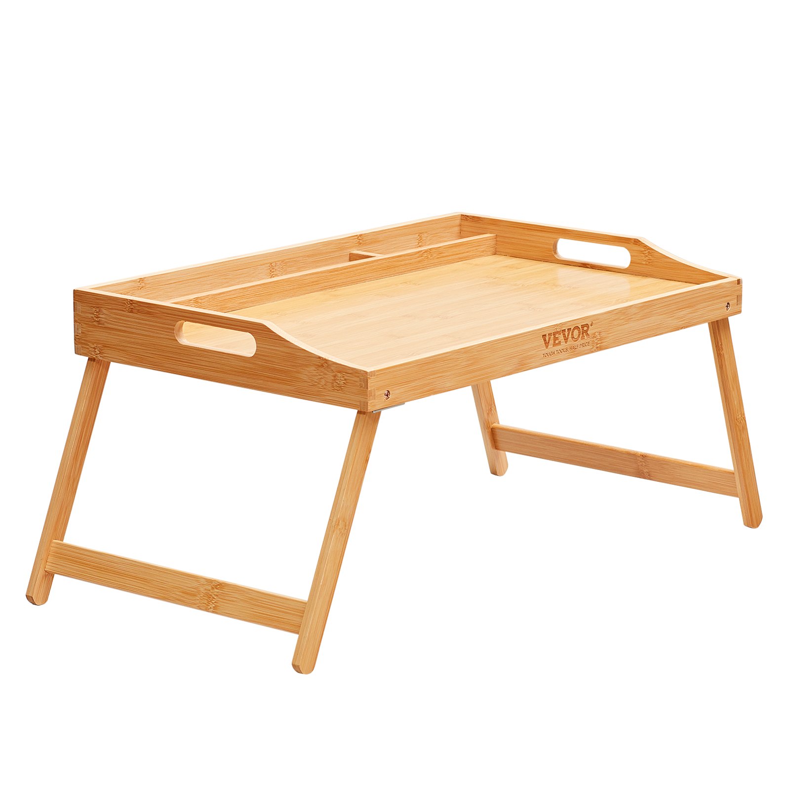 Mesa de cama VEVOR de bambú con patas plegables y asas laterales para facilitar su transporte.