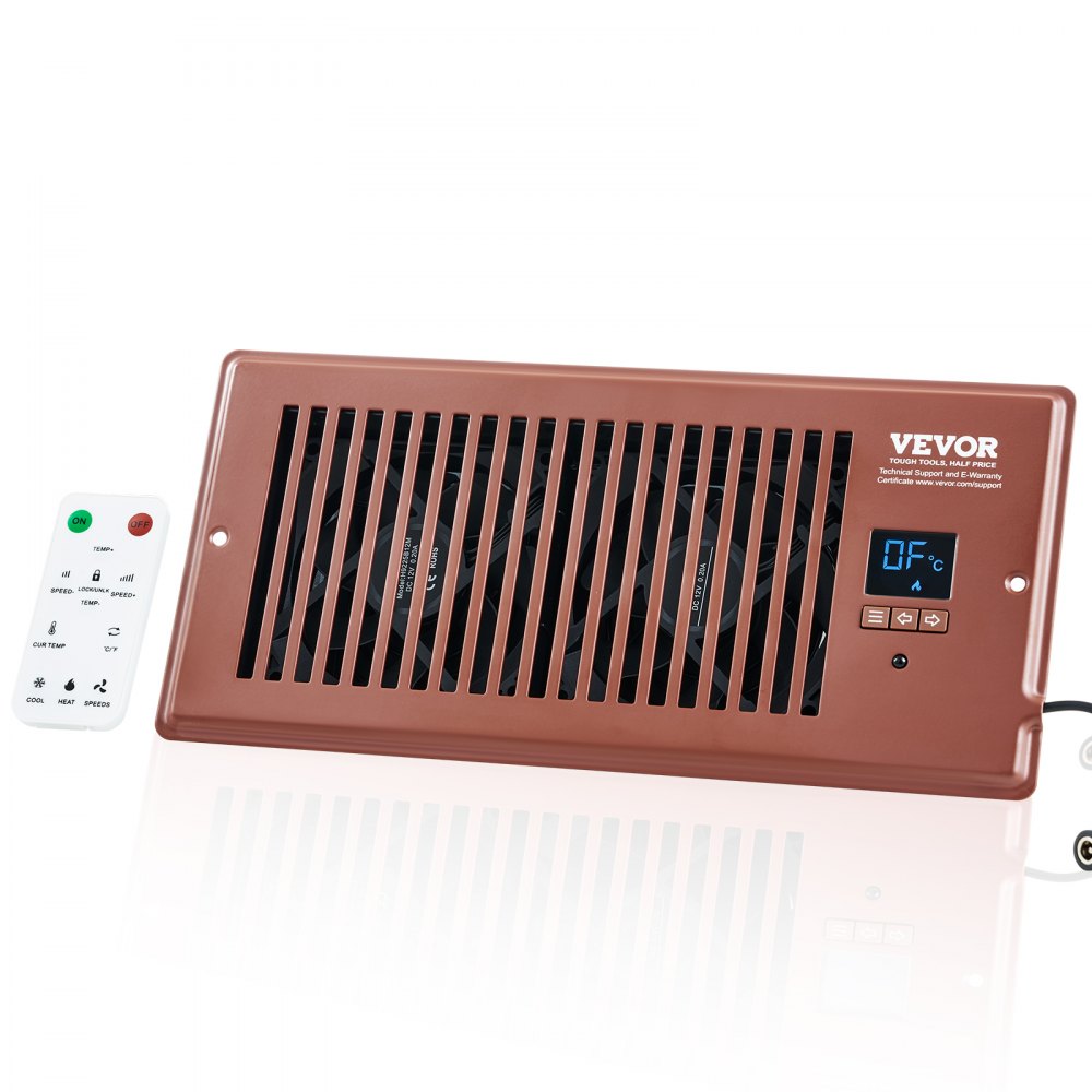 Ventilador de ventilación VEVOR con registro de 4 x 10 pulgadas, silencioso, con control remoto y termostato, velocidad ajustable para calefacción, refrigeración y ventilación inteligente, color marrón.