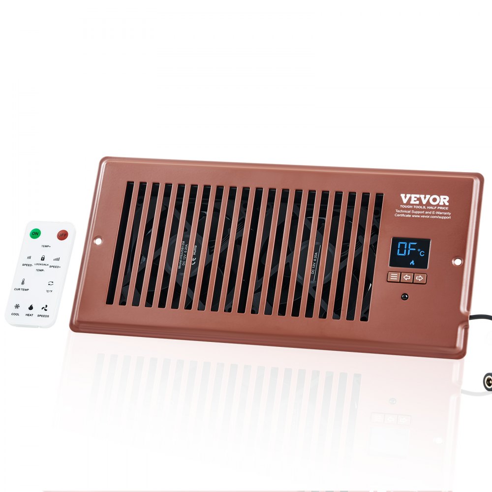 Ventilador de ventilación VEVOR con registro de 4 x 10 pulgadas, silencioso, con control remoto y termostato, velocidad ajustable para calefacción, refrigeración y ventilación inteligente, color marrón.