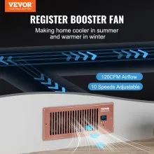 VEVOR Ventilador de refuerzo de registro, ventilador de ventilación silencioso para orificios de registro de 4" x 10", con control remoto y control de termostato, velocidad ajustable para calefacción, refrigeración, ventilación inteligente, marrón