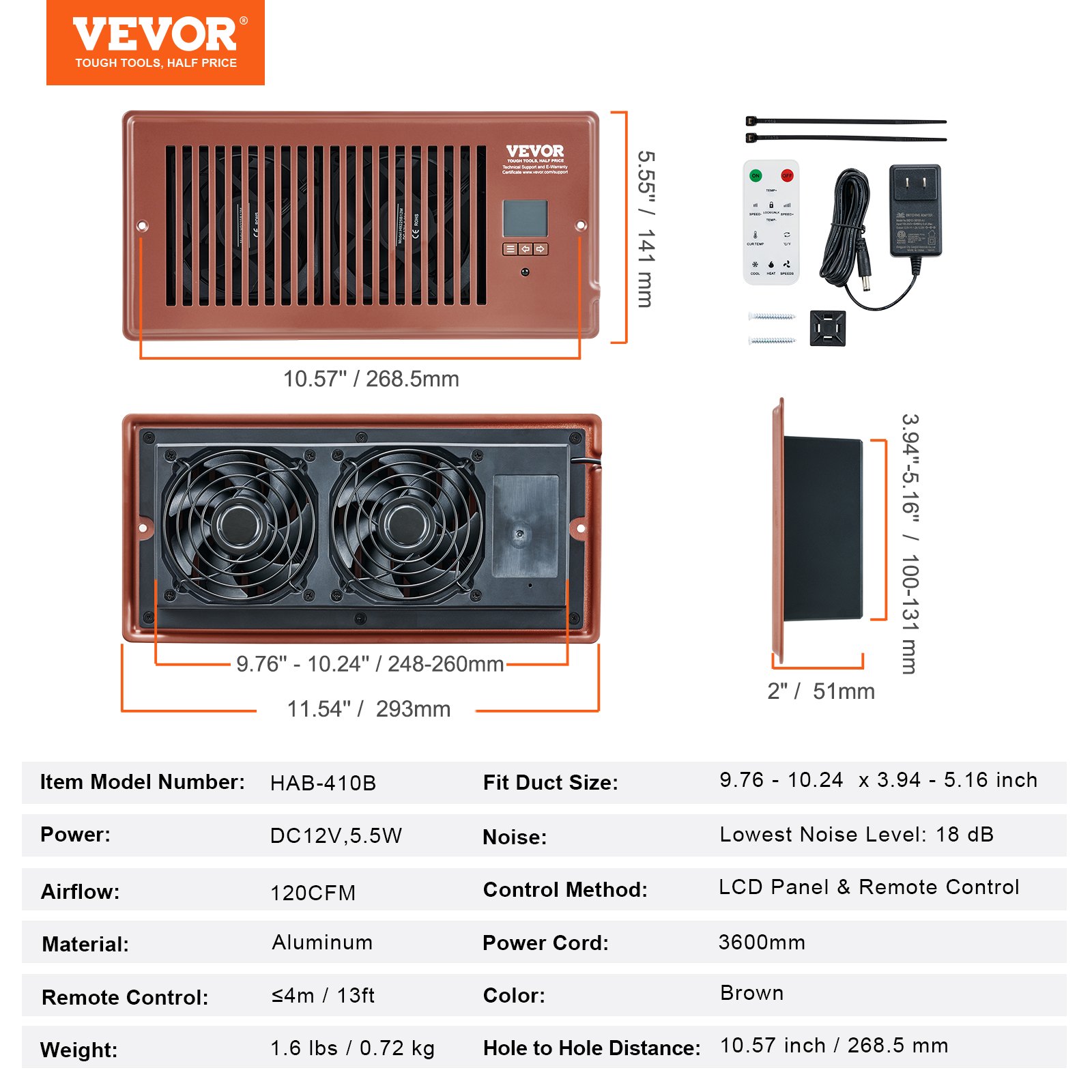 Ventilador de ventilación VEVOR con registro de 4 x 10 pulgadas, silencioso, con control remoto y termostato, velocidad ajustable para calefacción, refrigeración y ventilación inteligente, color marrón.