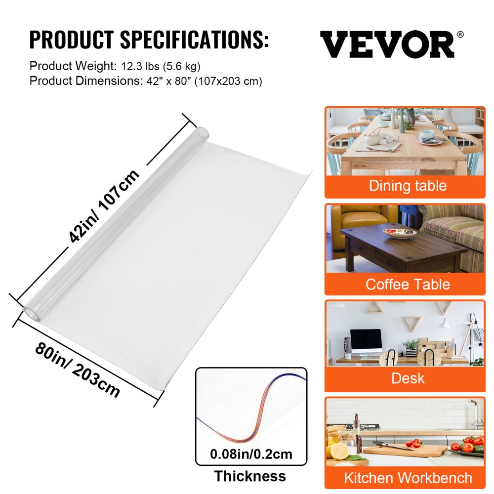 VEVOR Almohadilla de Mesa Gruesa 2.032 mm x 1.067 mm, Cubierta de Mesa Rectangular, Mantel de PVC Espesor 2 mm, Cubierta de Mesa Gruesa con Color Transparente para Mesa de Escritorio, Almohadillas