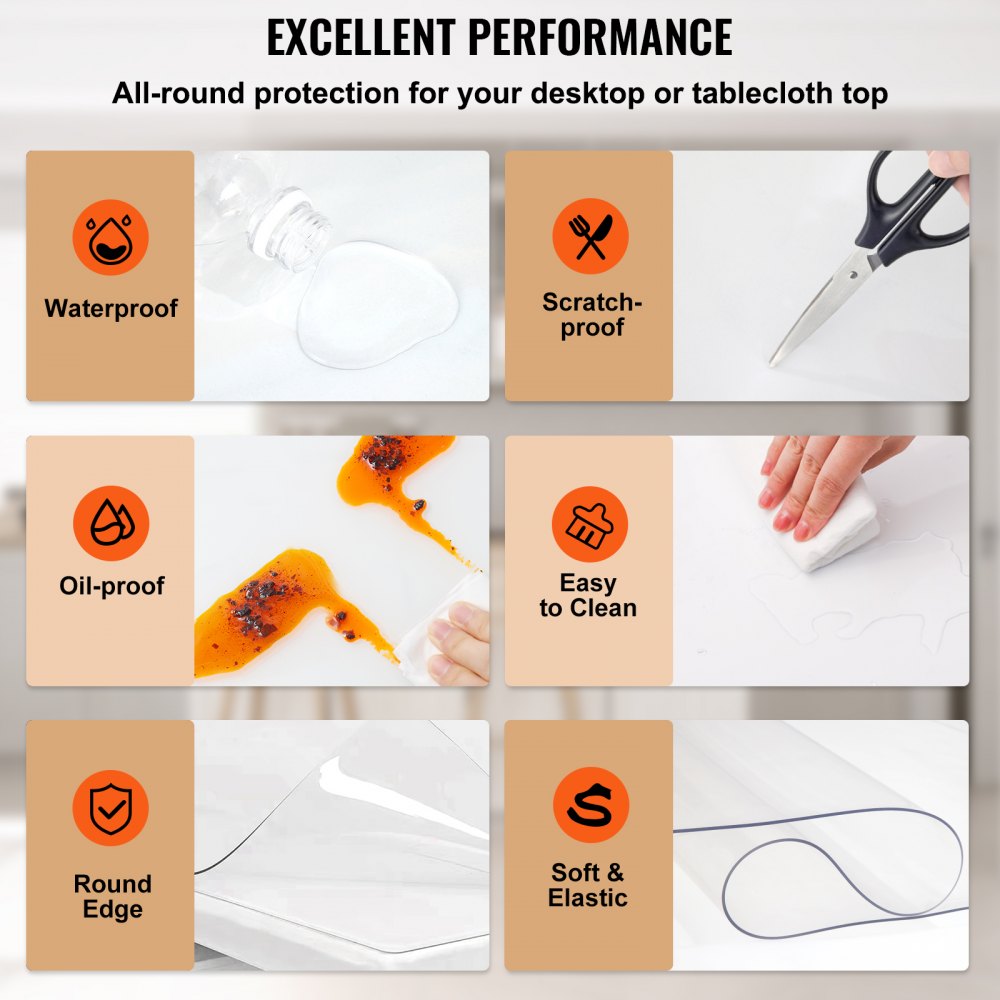 Funda de mesa transparente VEVOR resistente al agua, a los arañazos y al aceite; fácil de limpiar y elástica.