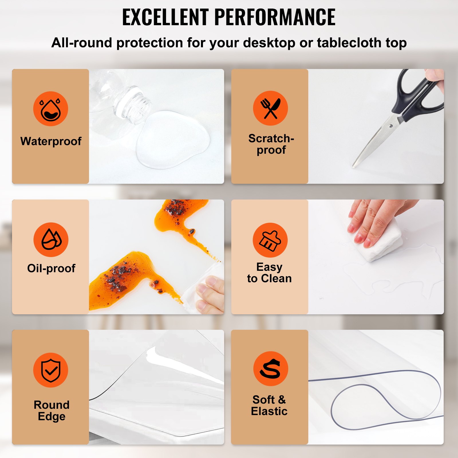 Funda de mesa transparente VEVOR resistente al agua, a los arañazos y al aceite; fácil de limpiar y elástica.