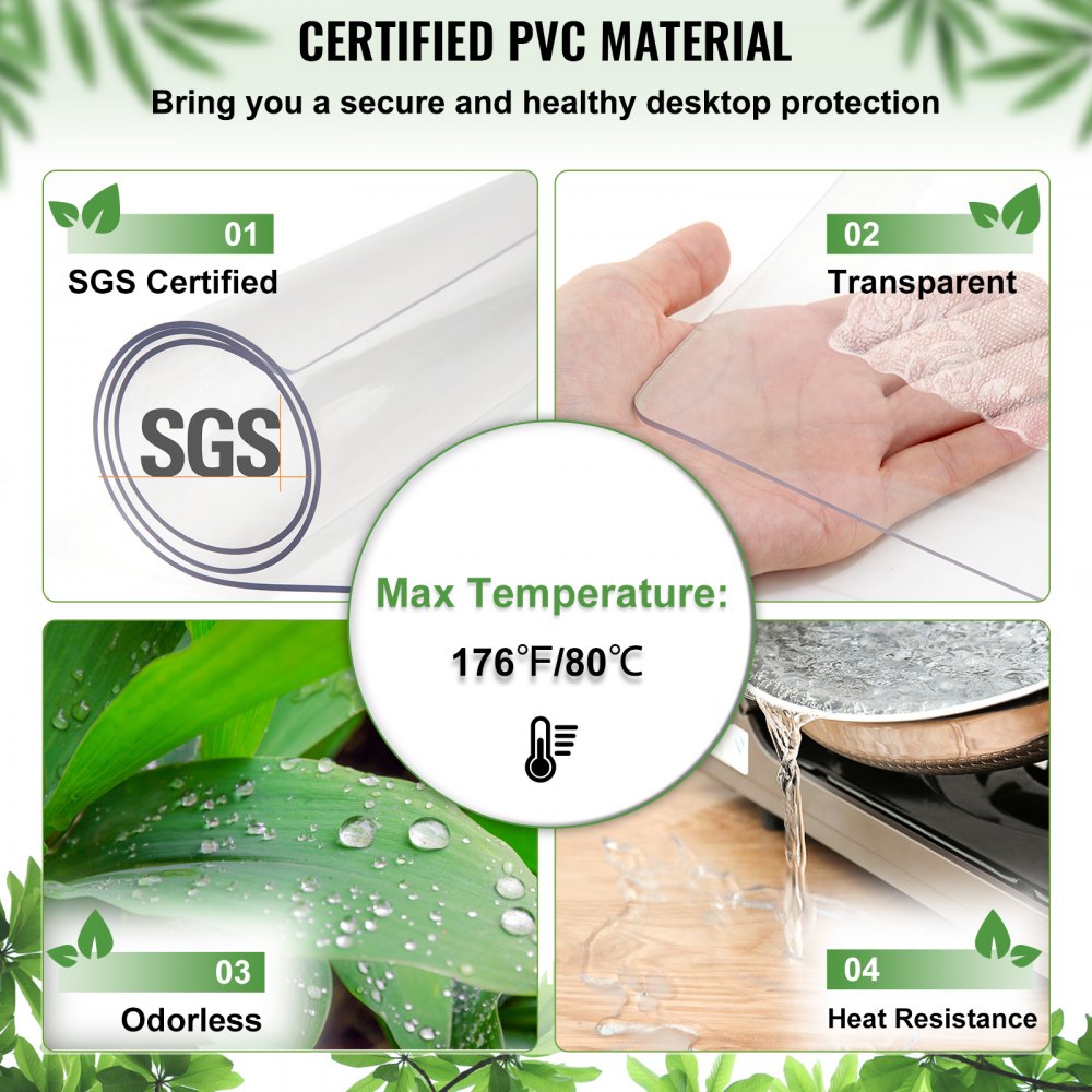 Material de PVC certificado, protector de mesa transparente VEVOR, certificado SGS, resistente al calor.
