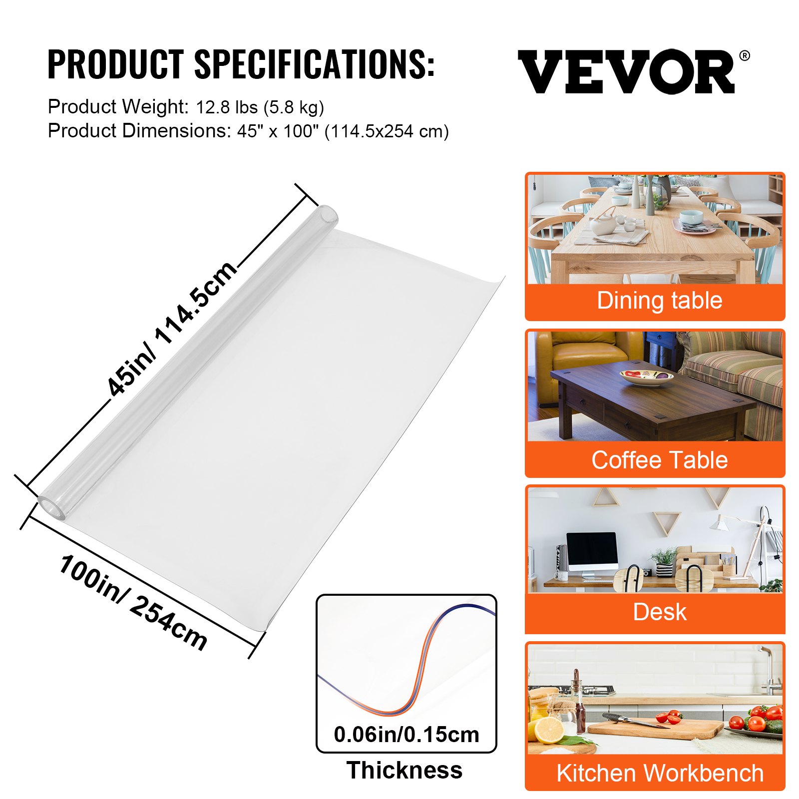 Protector de mesa transparente VEVOR, 45 x 100 pulgadas, adecuado para mesa de comedor, mesa de café, escritorio o banco de trabajo de cocina.
