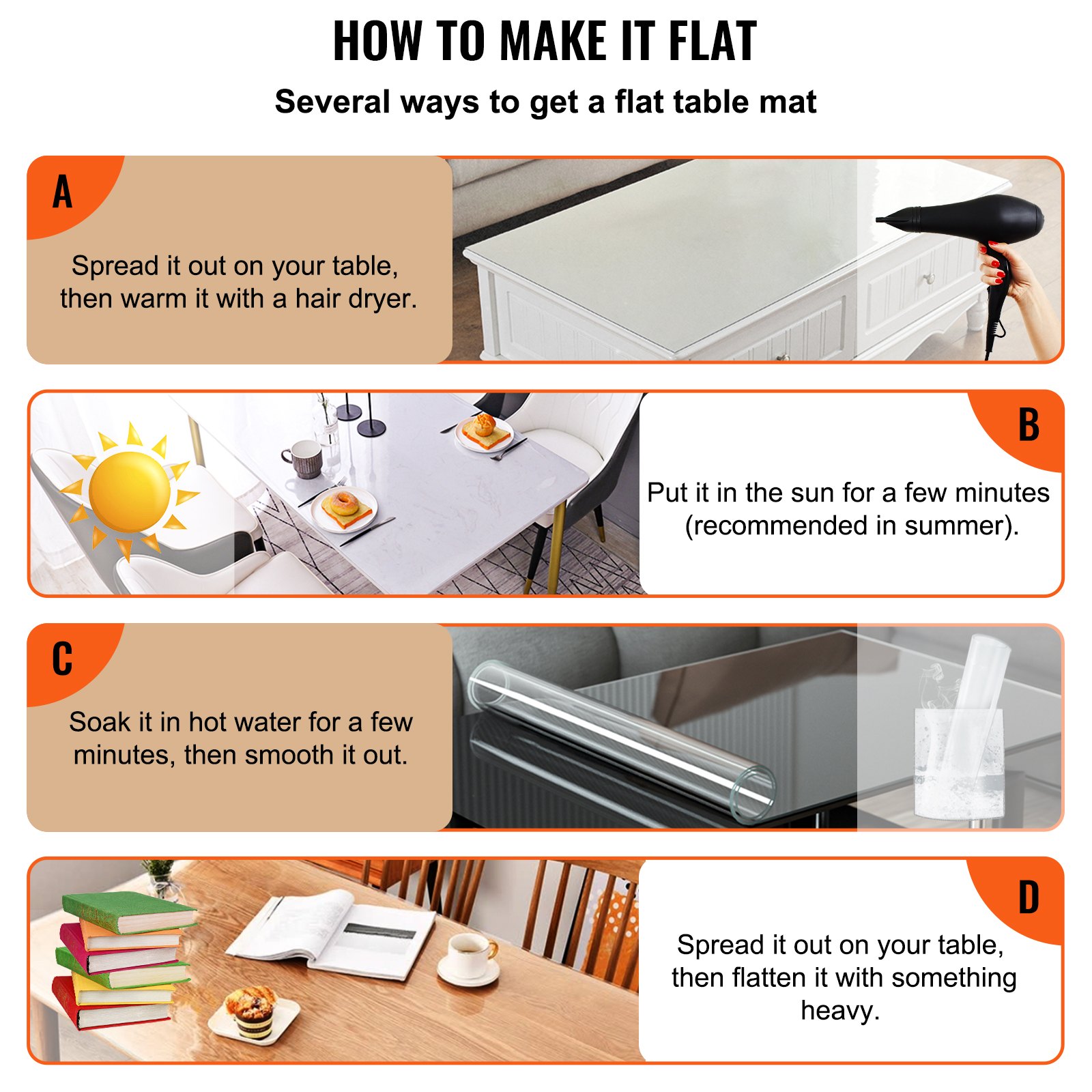 Cuatro métodos para aplanar la cubierta de mesa transparente VEVOR usando secador de pelo, luz solar, agua caliente o pesas.