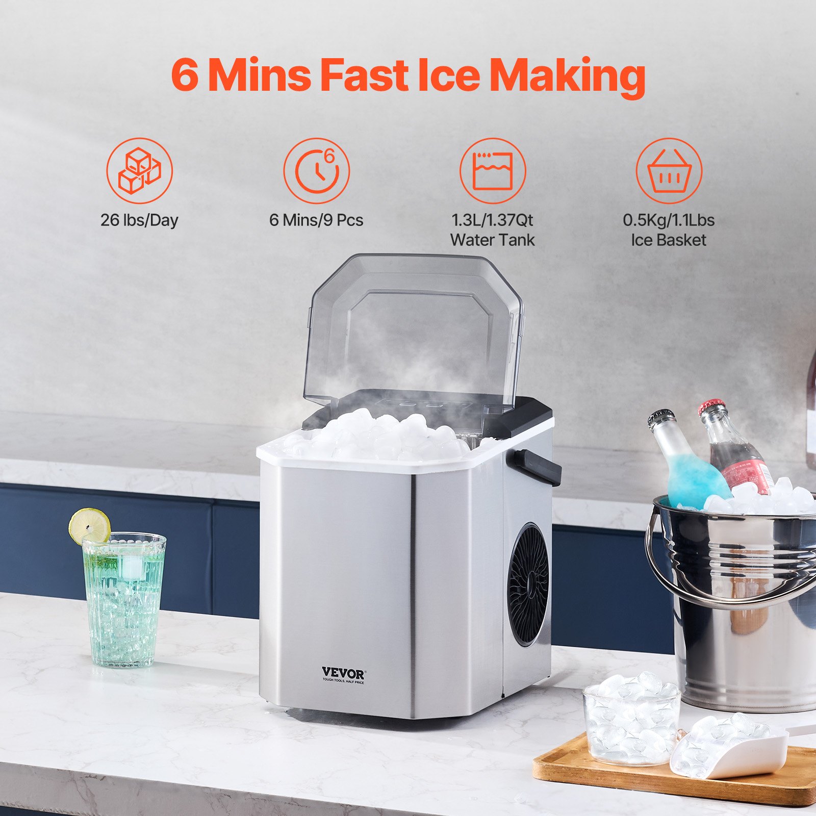 Máquina de hielo portátil para encimera, 26 lb/24 h, autolimpiante, con canasta para pala, para bar en casa