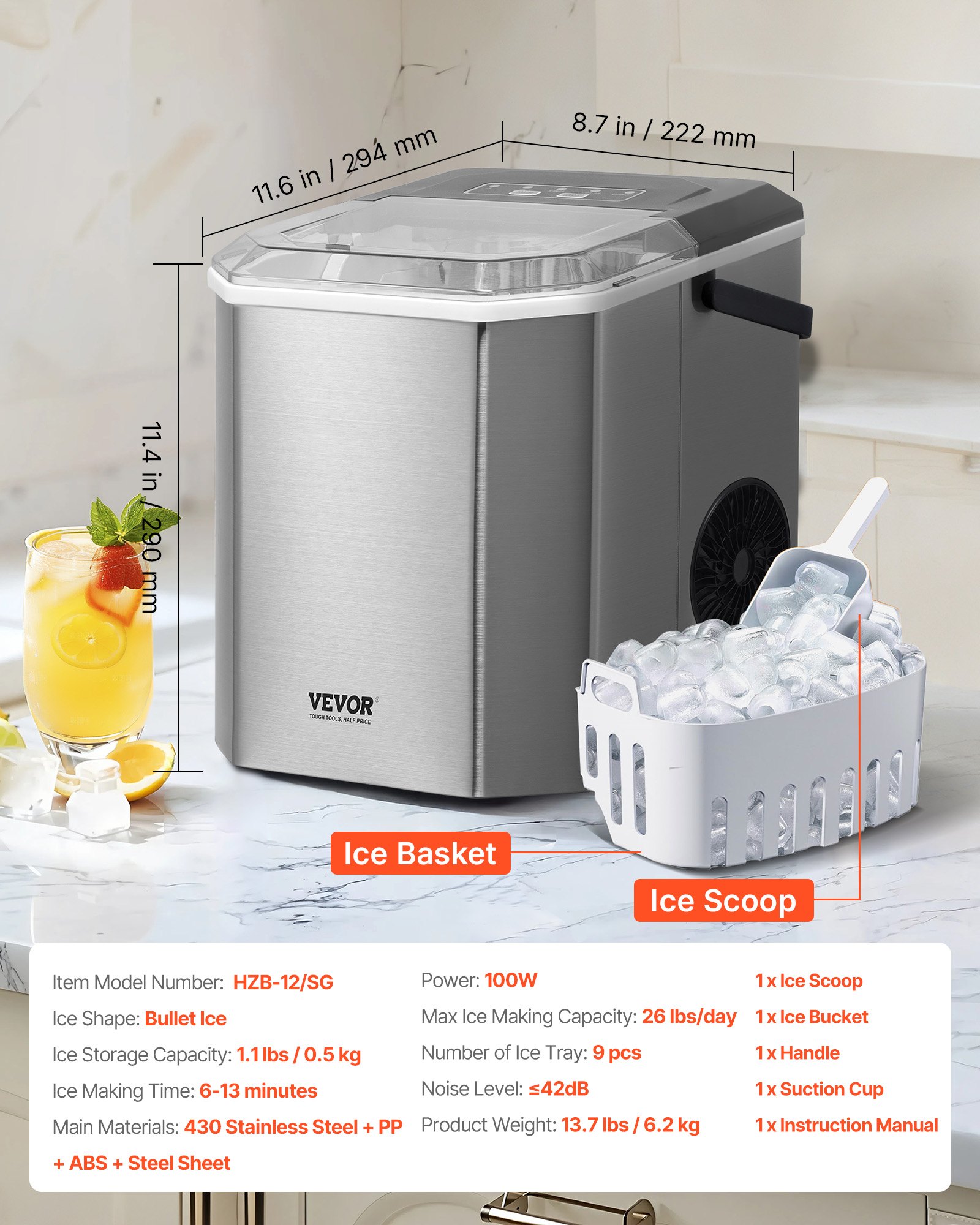 Máquina de hielo de encimera VEVOR, 9 cubos listos en 6 minutos, 12 kg en 24 horas, máquina de hielo portátil autolimpiante con pala y cesta para hielo, máquina de hielo con 2 tamaños de cubos de hielo para el hogar, la cocina, la oficina, el bar o la fiesta.