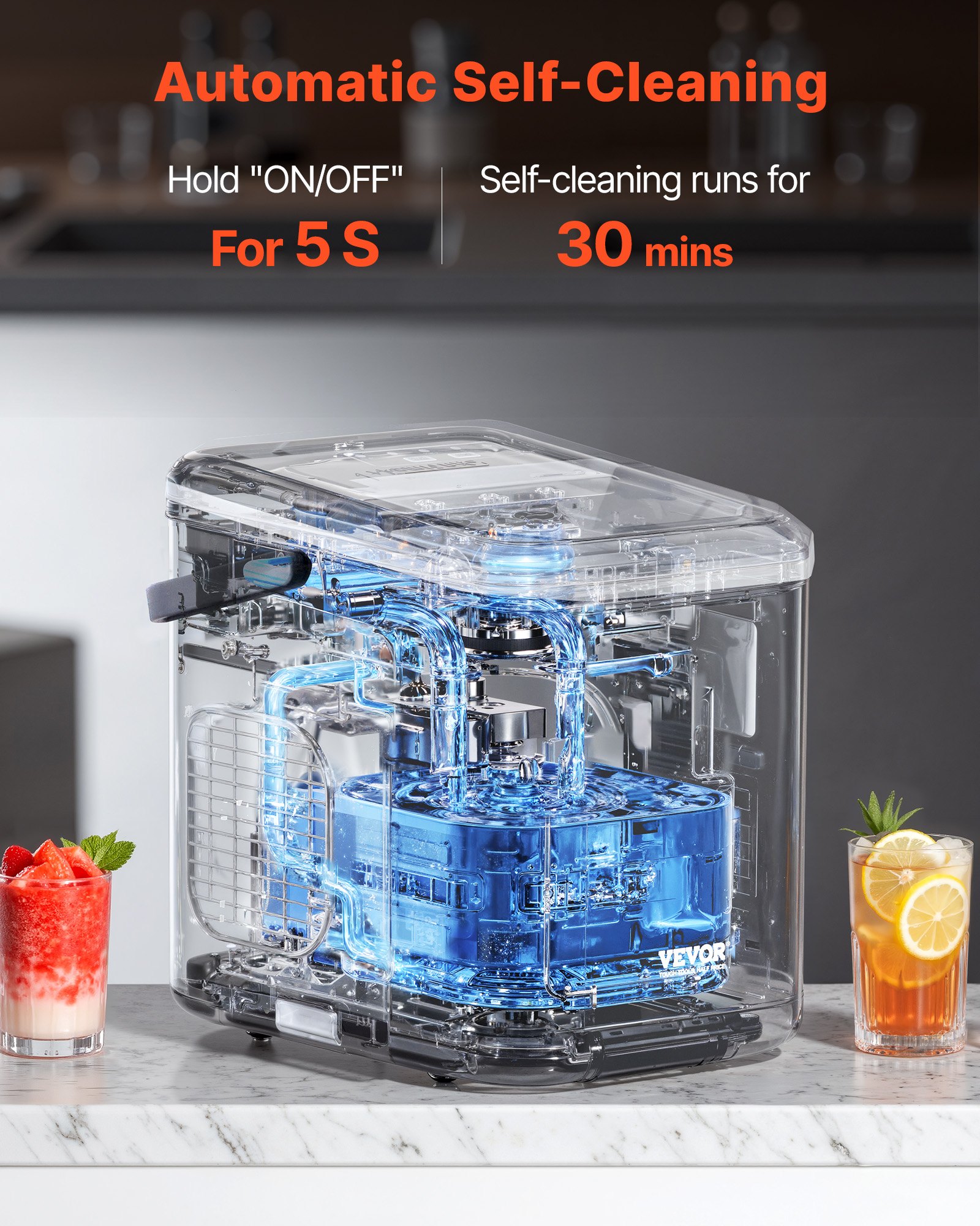 Máquina de hielo de encimera VEVOR, 9 cubos listos en 6 minutos, 12 kg en 24 horas, máquina de hielo portátil autolimpiante con pala y cesta para hielo, máquina de hielo con 2 tamaños de cubos de hielo para el hogar, la cocina, la oficina, el bar o la fiesta.