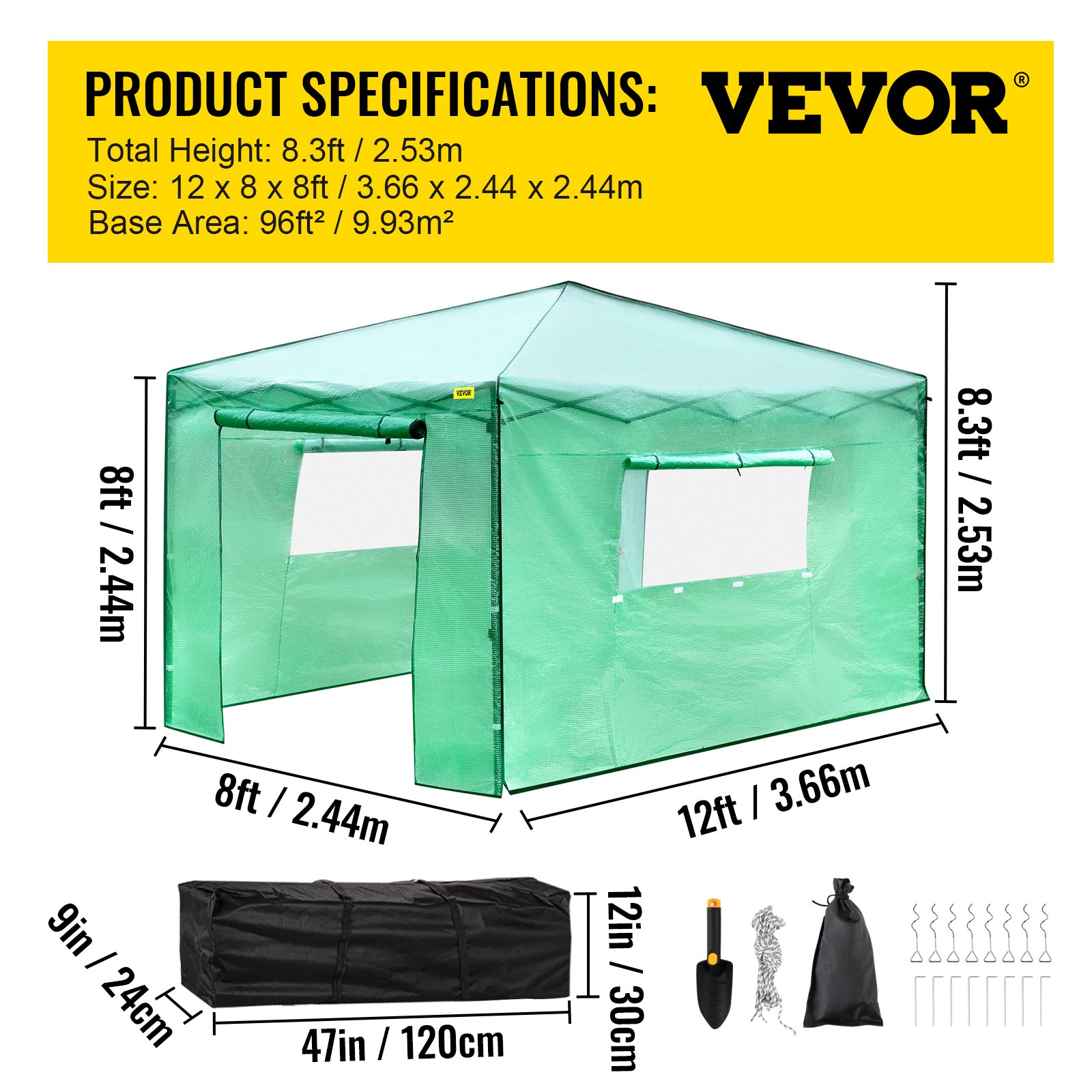Invernadero emergente VEVOR: 8,3 pies de alto, 12x8 pies, con bolsa de almacenamiento y herramientas de jardinería.