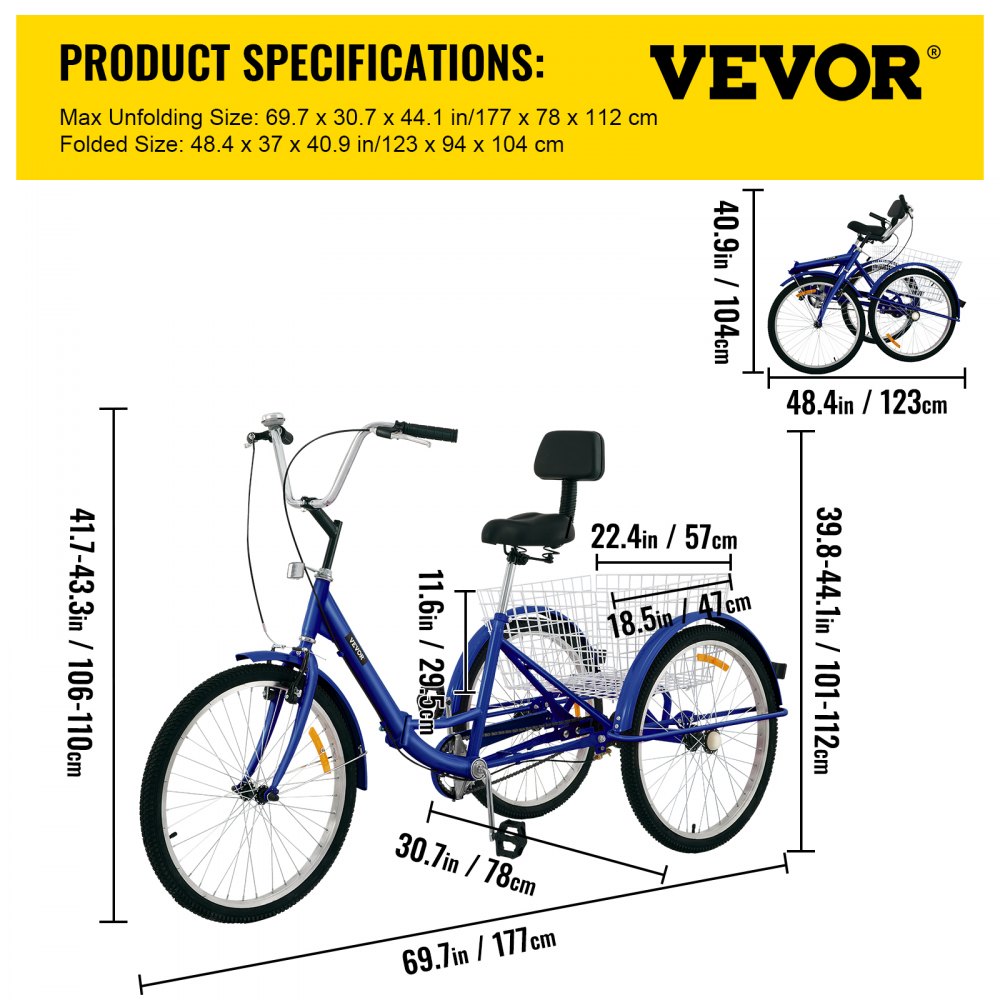 VEVOR Triciclo para adultos 24 pulgadas Triciclos de carga Triciclo plegable Bicicleta con canasta 1 velocidad 3 ruedas bicicletas para adultos