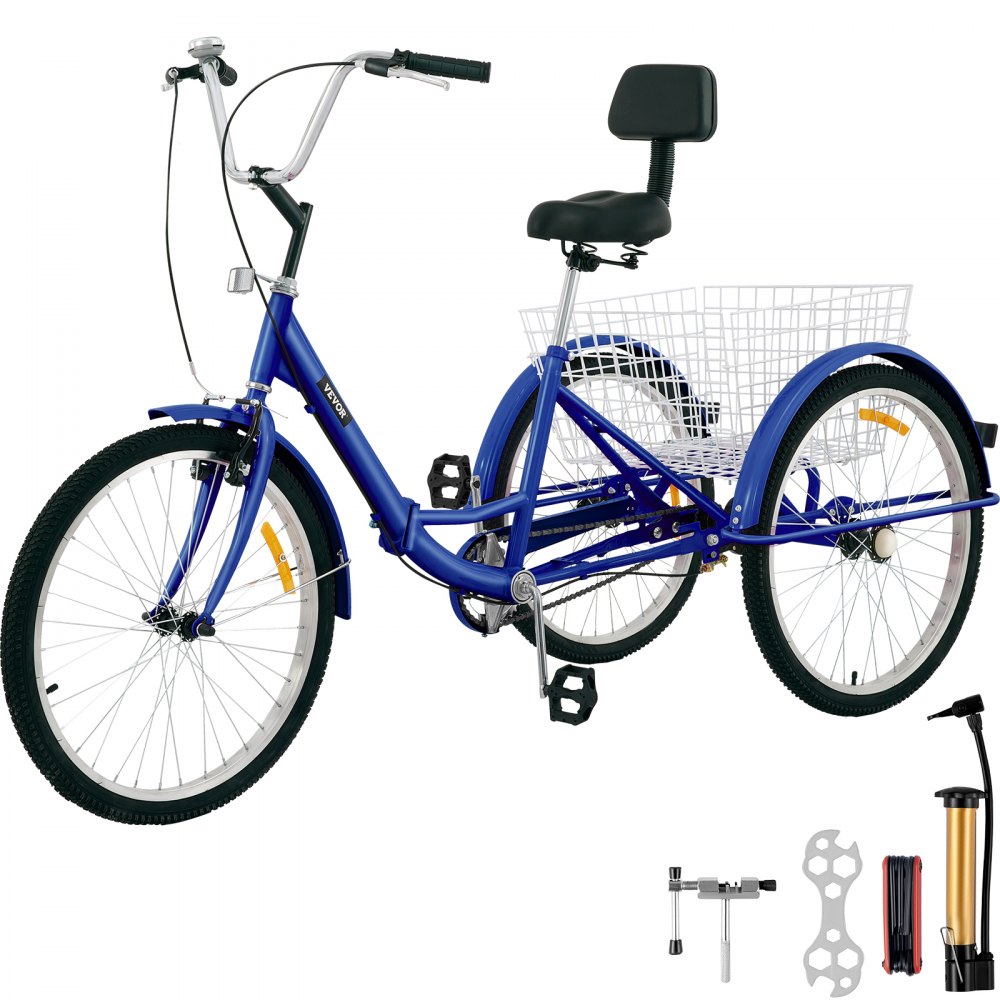 VEVOR Triciclo para adultos 24 pulgadas Triciclos de carga Triciclo plegable Bicicleta con canasta 1 velocidad 3 ruedas bicicletas para adultos