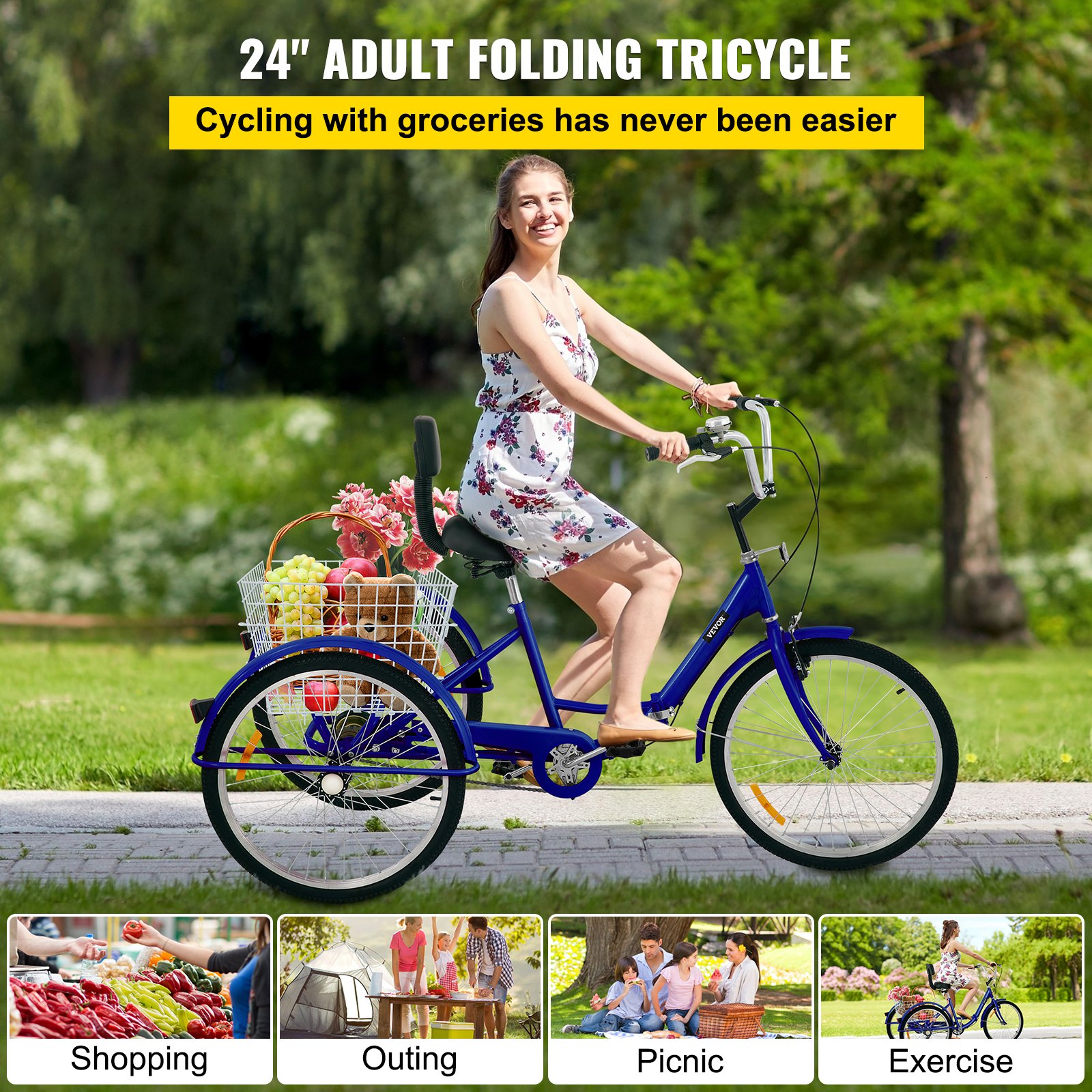 VEVOR Triciclo para adultos 24 pulgadas Triciclos de carga Triciclo plegable Bicicleta con canasta 1 velocidad 3 ruedas bicicletas para adultos
