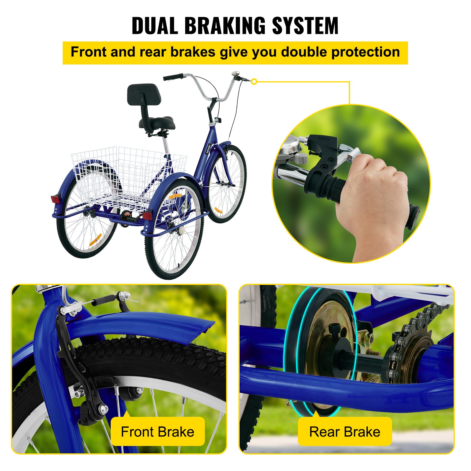 VEVOR Triciclo para adultos 24 pulgadas Triciclos de carga Triciclo plegable Bicicleta con canasta 1 velocidad 3 ruedas bicicletas para adultos