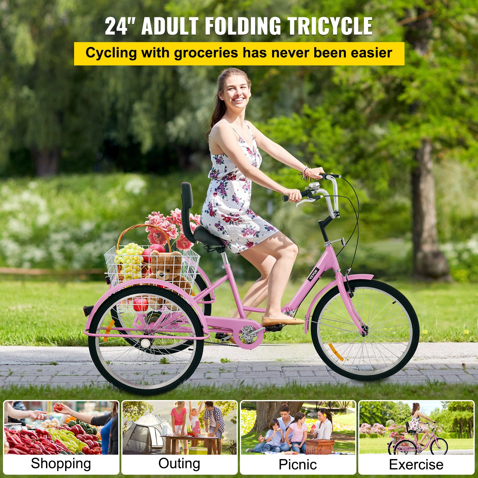 VEVOR Triciclo para adultos Triciclos de carga Triciclo plegable Bicicleta con canasta 24 pulgadas 1 velocidad 3 ruedas bicicletas para adultos