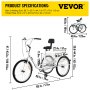 VEVOR Triciclo plegable Triciclos para adultos Triciclos de carga Bicicleta con canasta 24' ruedas 1 velocidad 3 ruedas bicicletas para adultos