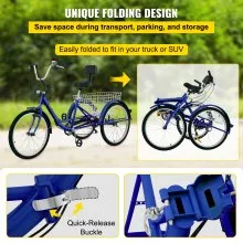 VEVOR Triciclo plegable adulto 24 ' Triciclos de carga Triciclos para adultos Bicicleta con canasta 7 velocidades 3 ruedas bicicletas para adultos