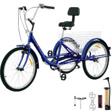VEVOR Triciclo plegable adulto 24 ' Triciclos de carga Triciclos para adultos Bicicleta con canasta 7 velocidades 3 ruedas bicicletas para adultos