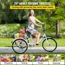 VEVOR Triciclo plegable adulto 24 ' Triciclos de carga Triciclos para adultos Bicicleta con canasta 7 velocidades 3 ruedas bicicletas para adultos