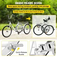 VEVOR Triciclo plegable adulto 24 ' Triciclos de carga Triciclos para adultos Bicicleta con canasta 7 velocidades 3 ruedas bicicletas para adultos