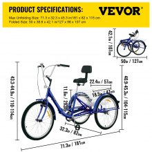 VEVOR Triciclo plegable adulto 26 ' Triciclos de carga Triciclos para adultos Bicicleta con canasta 1 velocidad 3 ruedas bicicletas para adultos