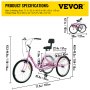 VEVOR Triciclo plegable adulto 26 ' ruedas Triciclos de carga Triciclos para adultos Bicicleta con canasta 1 velocidad 3 ruedas