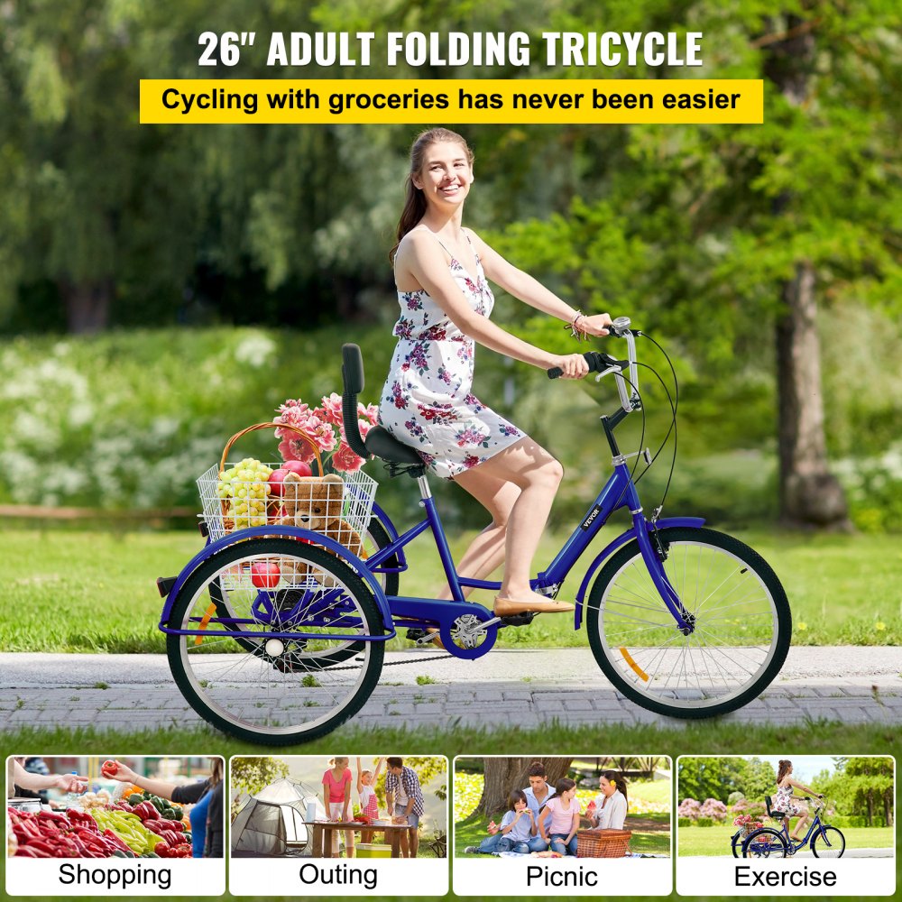 VEVOR Triciclo plegable Adulto 26 ' Ruedas Triciclos de carga Triciclos para adultos Bicicleta con canasta de 3 ruedas de 7 velocidades para adultos