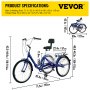 VEVOR Triciclo plegable Adulto 26 ' Ruedas Triciclos de carga Triciclos para adultos Bicicleta con canasta de 3 ruedas de 7 velocidades para adultos