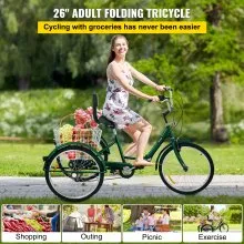 VEVOR Triciclo para adultos Triciclos de carga Triciclo plegable Bicicleta con canasta 26 pulgadas bicicletas de 3 ruedas y 7 velocidades para adultos