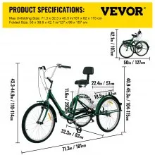 VEVOR Triciclo para adultos Triciclos de carga Triciclo plegable Bicicleta con canasta 26 pulgadas bicicletas de 3 ruedas y 7 velocidades para adultos