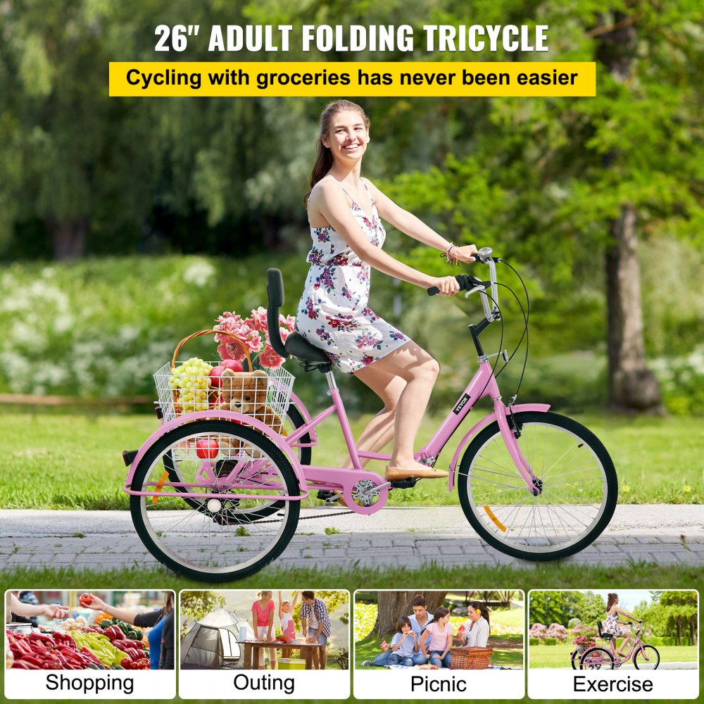 VEVOR Tuspuzz Tricycle Adult 26’’ Wheels Adult Tricycle 7-Speed 3 Wheel Bikes For Adults Three Wheel Bike For Adults Adult Trike Adult Folding Tricycle Foldable Adult Tricycle 3 Wheel Bike Trike For Adults