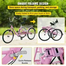 VEVOR Triciclo para adultos Triciclos de carga Triciclo plegable Bicicleta con canasta 26 pulgadas 3 ruedas de 7 velocidades bicicleta de tres ruedas