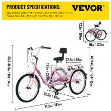 VEVOR Triciclo para adultos Triciclos de carga Triciclo plegable Bicicleta con canasta 26 pulgadas 3 ruedas de 7 velocidades bicicleta de tres ruedas