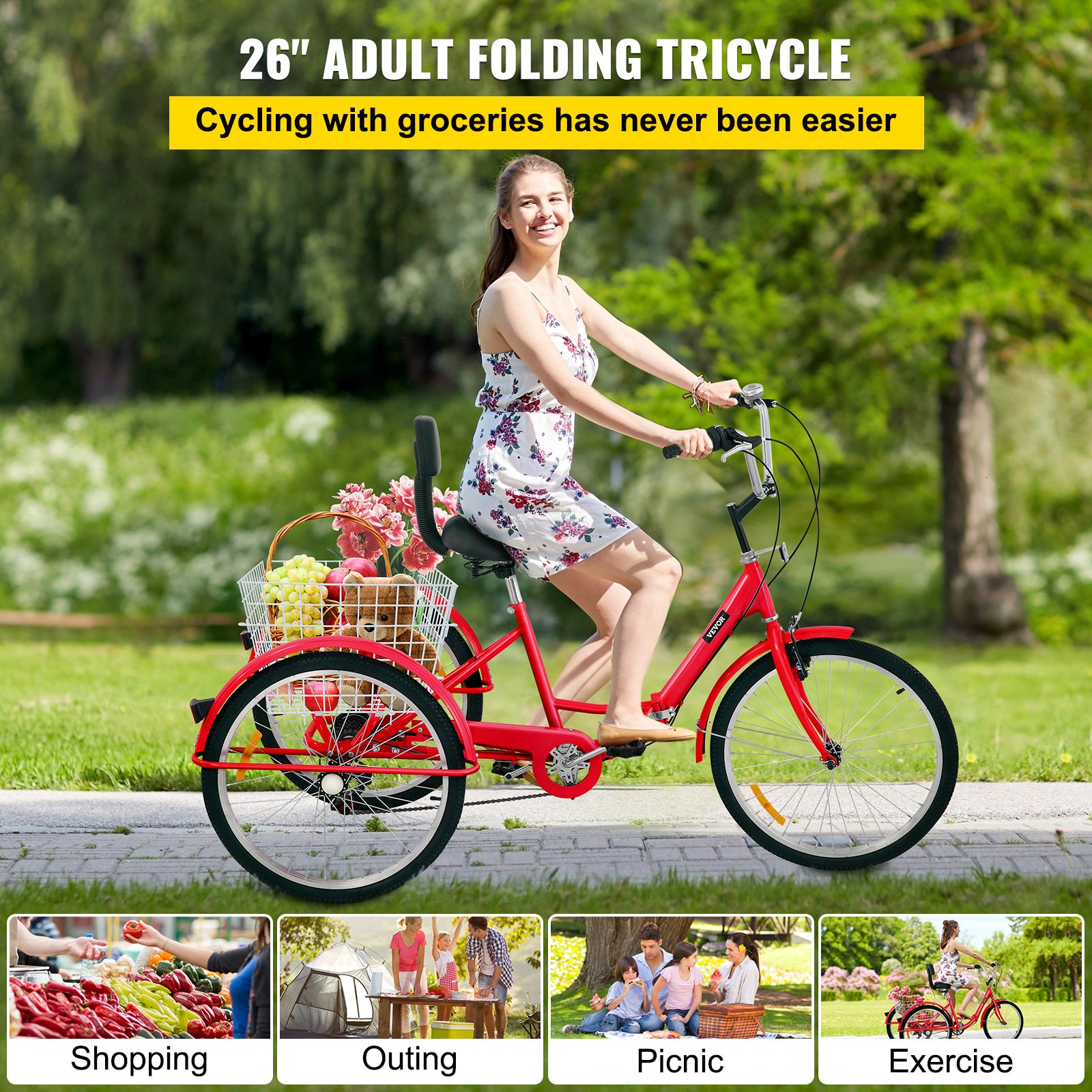 VEVOR Triciclo plegable Triciclos de carga 26 ' Ruedas Bicicleta con canasta de 3 ruedas de 7 velocidades para adultos