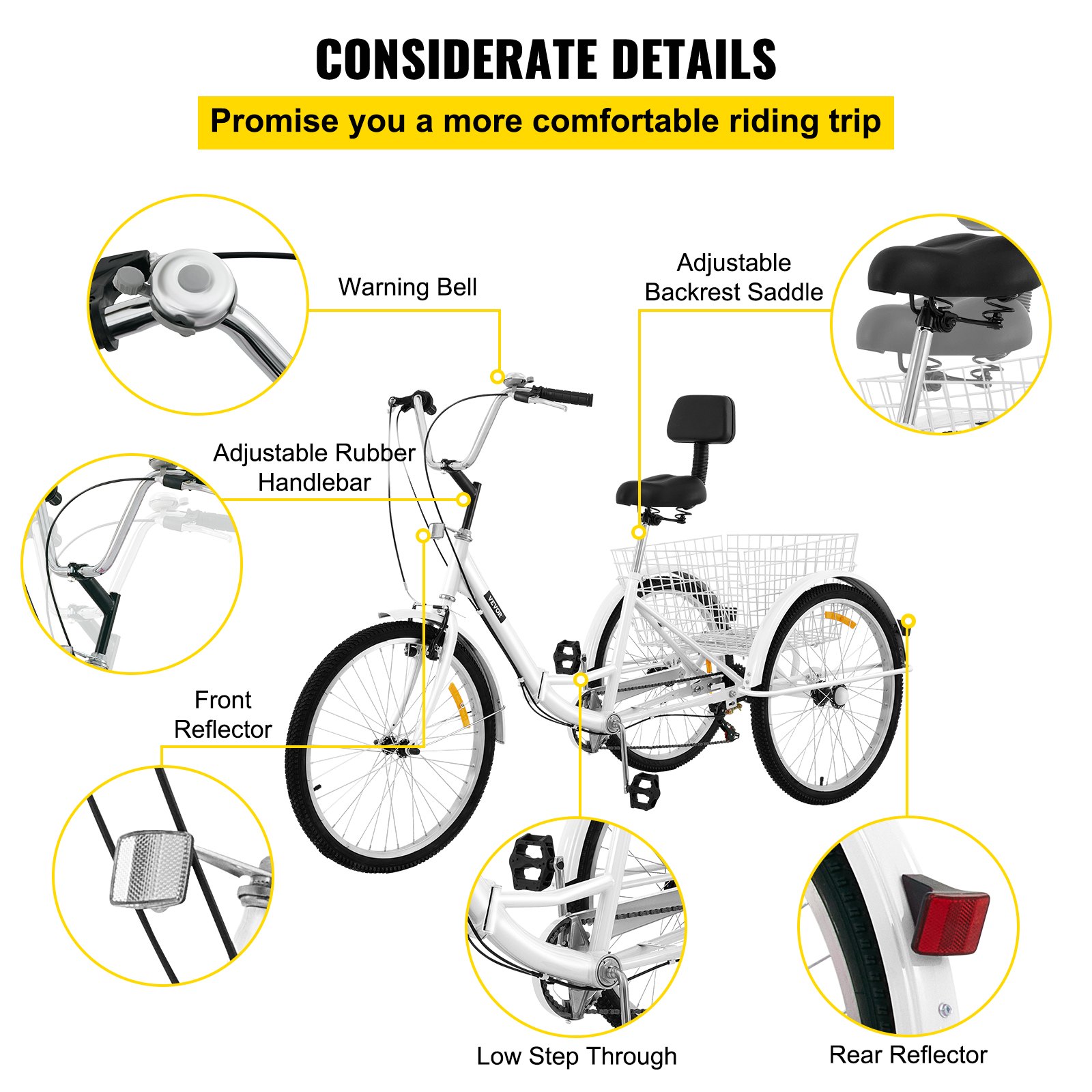 VEVOR Triciclo plegable Triciclos de carga Triciclos para adultos Bicicleta con canasta 26 ' Ruedas Bicicletas de 3 ruedas de 7 velocidades