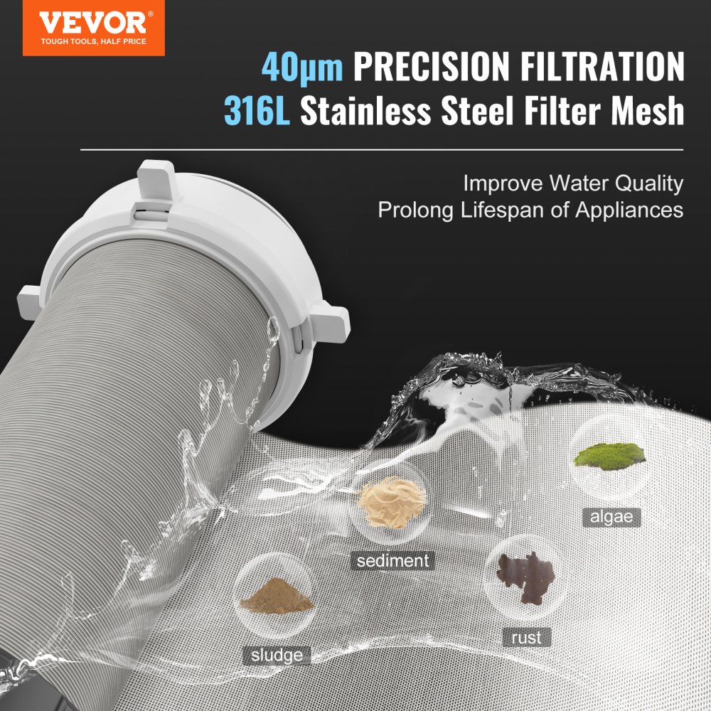 El filtro giratorio VEVOR presenta una filtración de precisión de 40 μm, acero inoxidable 316l, mejora la calidad del agua.