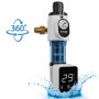 Filtro giratorio VEVOR con manómetro y pantalla digital rodeado de salpicaduras de agua e ícono de rotación de 360°.