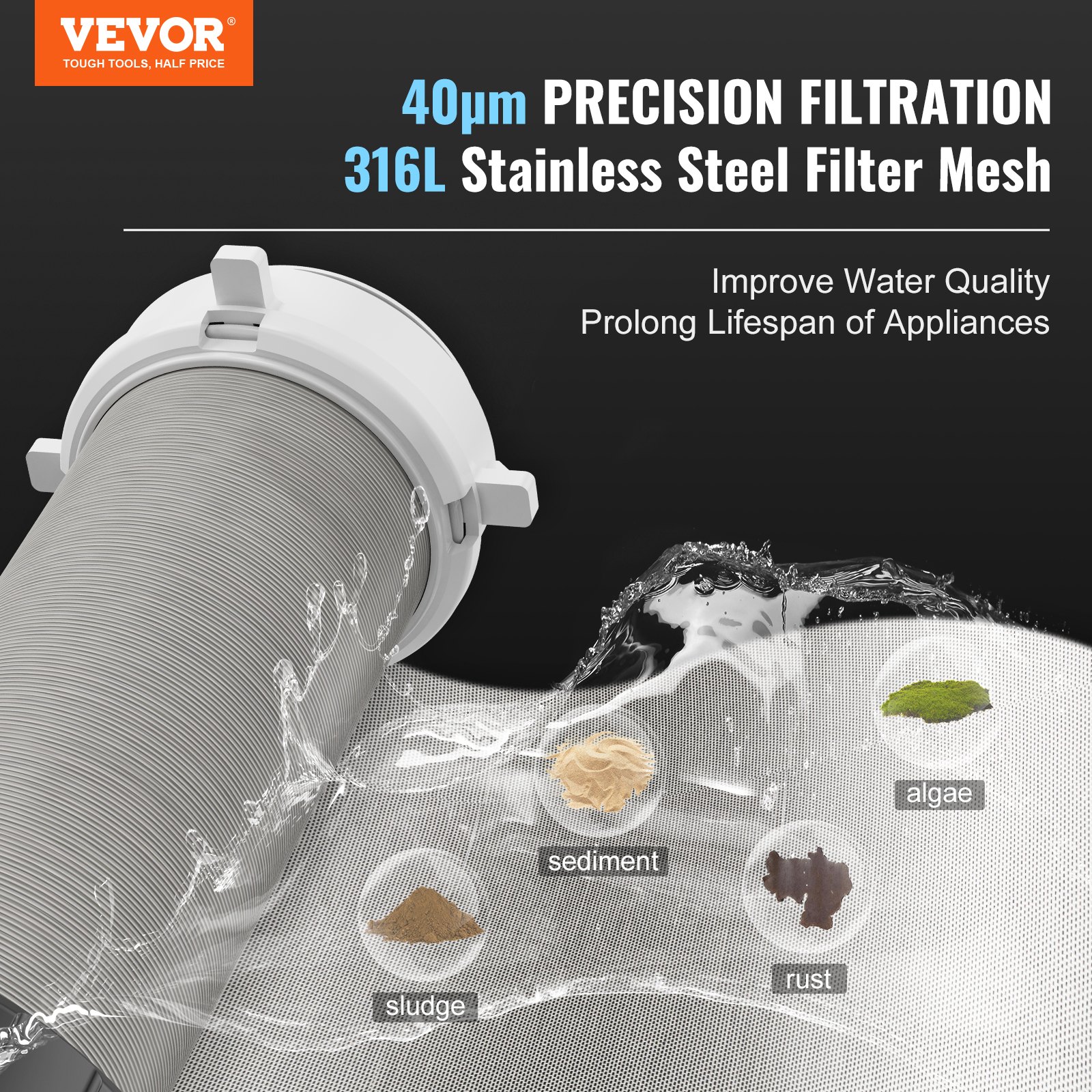 El filtro giratorio VEVOR presenta una filtración de precisión de 40 μm, acero inoxidable 316l, mejora la calidad del agua.