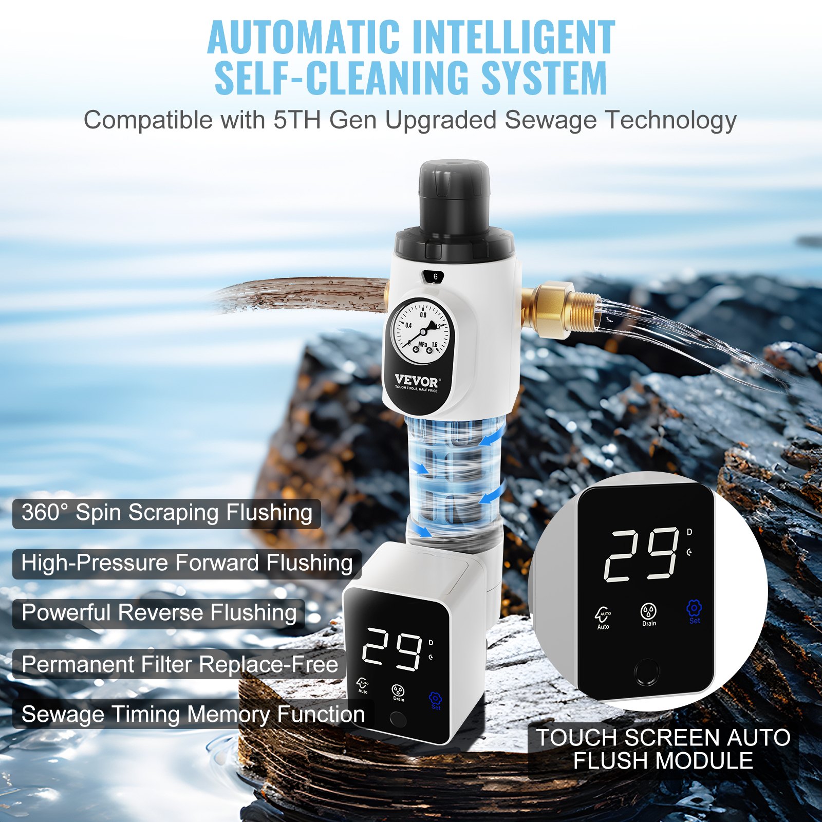 Filtro giratorio VEVOR con sistema automático de autolimpieza inteligente y módulo de descarga automática con pantalla táctil.