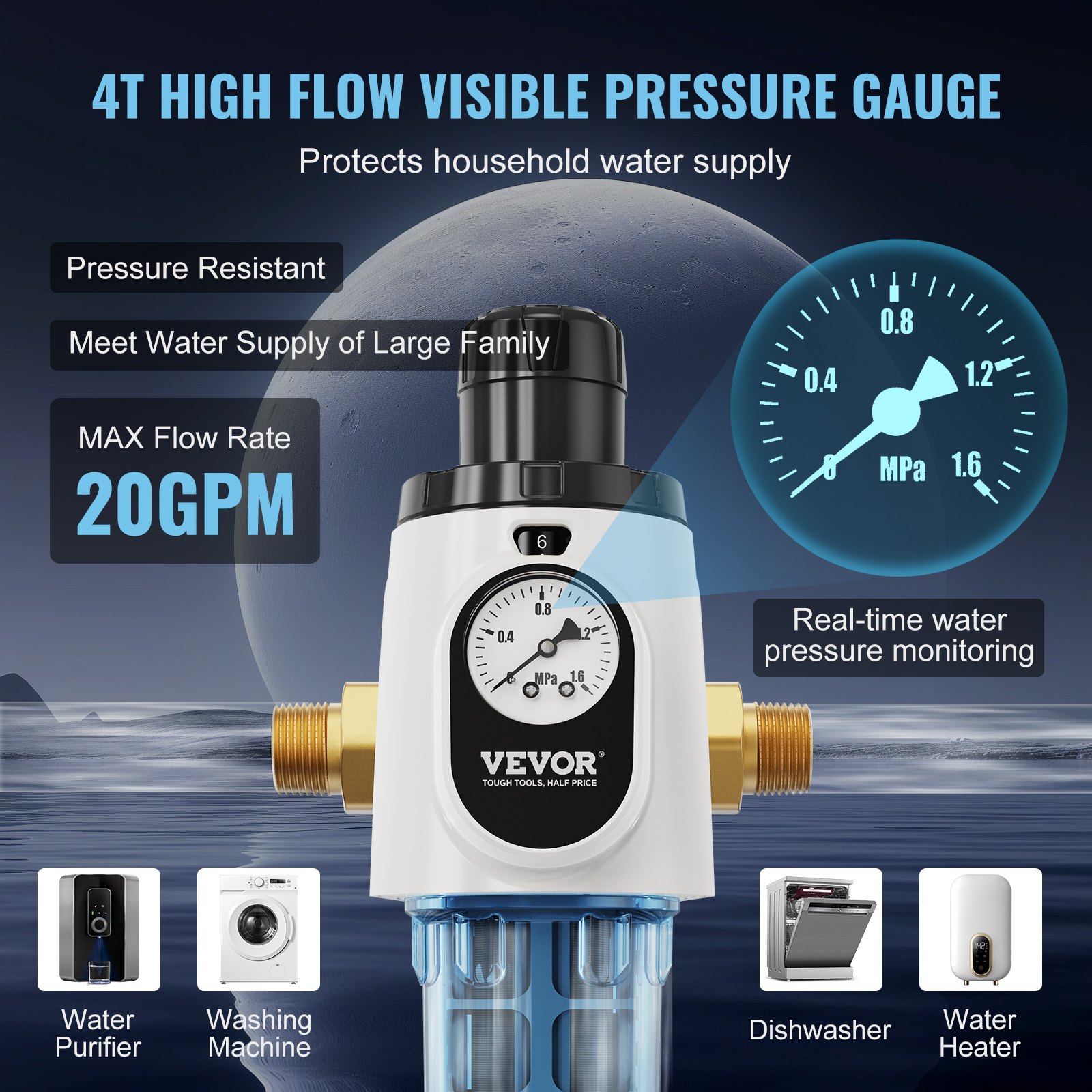 Filtro giratorio VEVOR con manómetro de alto flujo, 20 gpm, monitorea la presión del agua en tiempo real para el hogar.