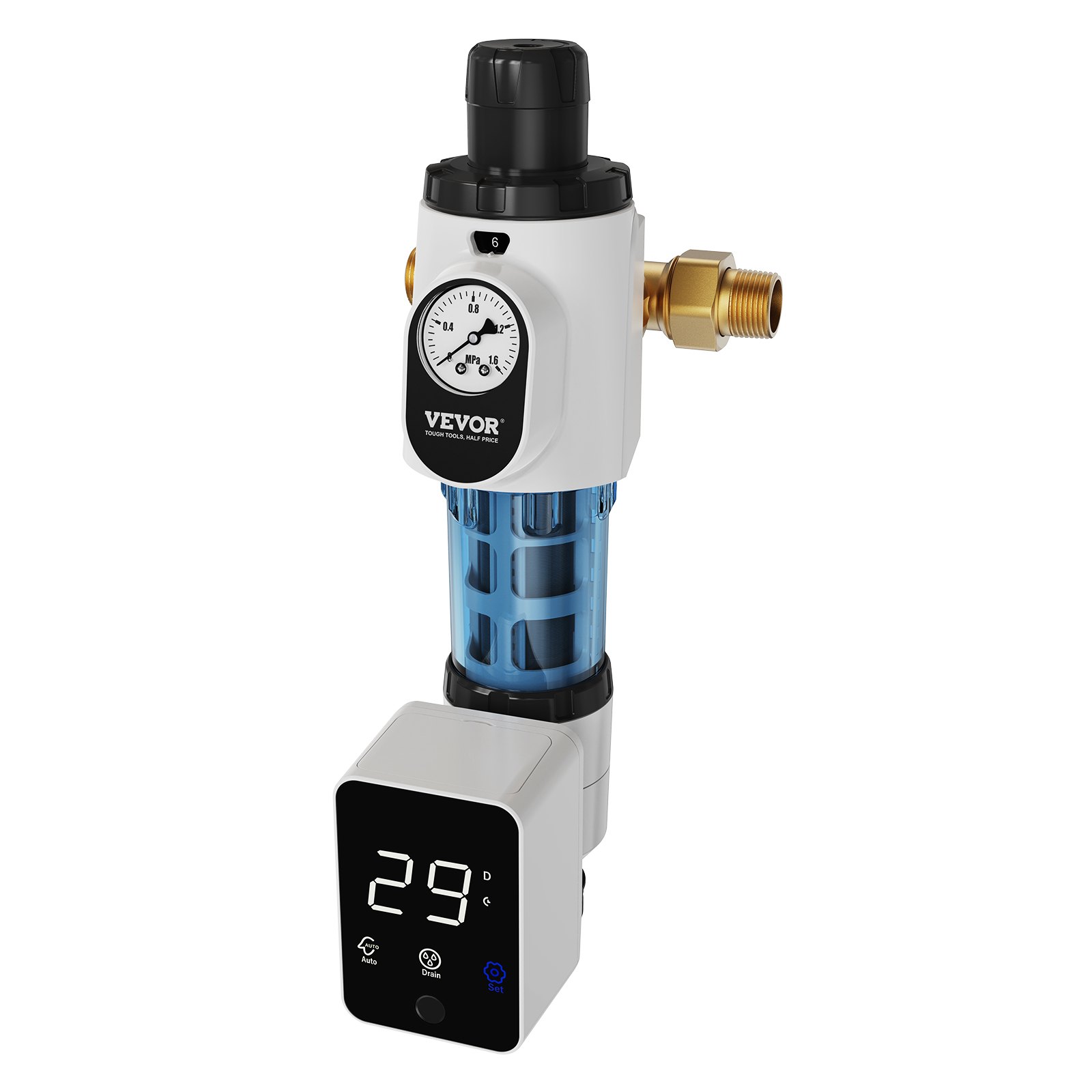 Filtro giratorio VEVOR con manómetro y pantalla digital, con accesorios de latón y cuerpo azul.