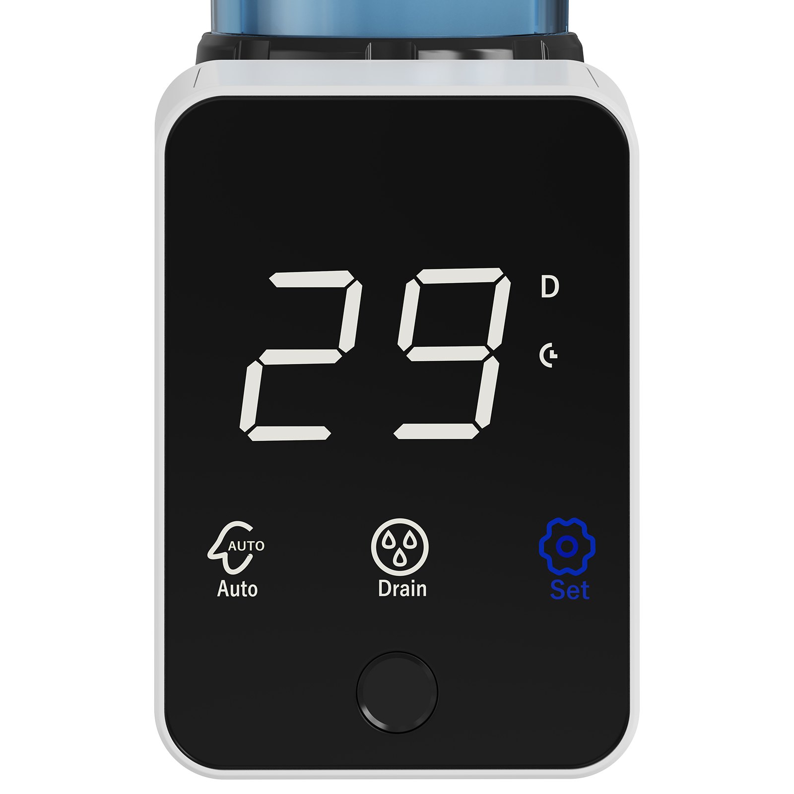 Pantalla digital para filtro giratorio VEVOR, que muestra &quot;29&quot; con botones para funciones automáticas, de drenaje y configuración.