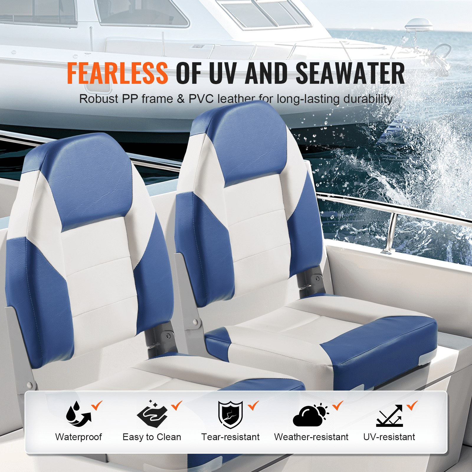 VEVOR Asientos para barco, asiento de barco con respaldo alto de 21.85 pulgadas, silla plegable para barco con acolchado de esponja espesa y bisagra, sillas plegables para capitán de barco para barco